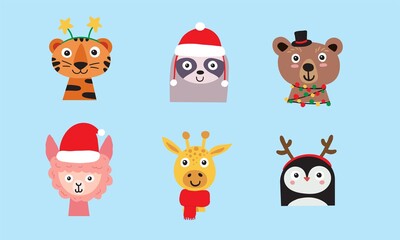 Cute animals wearing Christmas accessories. Colorful characters - bear, giraffe, sloth, alpaca, tiger, penguin