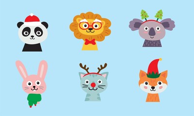 Cute animals wearing Christmas accessories. Colorful characters - fox, cat, panda, lion, koala, hare