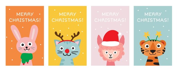Merry Christmas greeting card collection. Cute hand drawn animals: hare or rabbit, cat, llama or alpaca, tiger