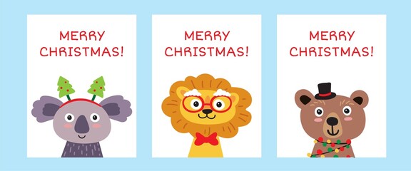 Merry Christmas greeting card collection. Cute hand drawn animals: koala, lion, bear