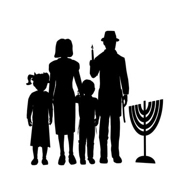 A black silhouette of a family lighting Hanukkah candles.
Flat vectors.
A religious Jewish father, mother, boy and girl stand by a menorah.