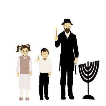 Family lighting Hanukkah candles,
Flat vector drawing.
A Father chassid, religious, orthodox. A boy with a skullcap and a tassel and a girl with a modest skirt stand by a menorah and holds lit candles