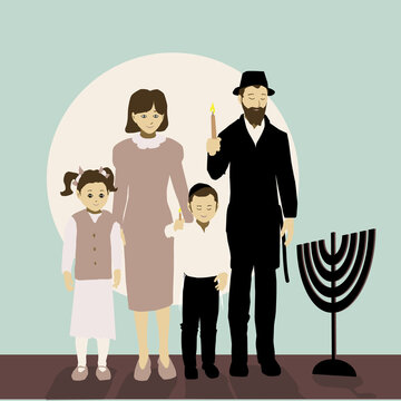 Family lights Hanukkah candles.
Flat vector drawing.
A religious Jewish father, mother, boy and girl Standing by a menorah.