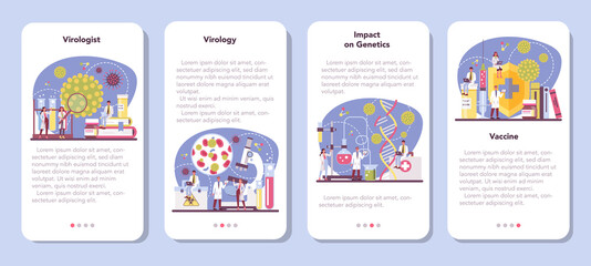 Virologist mobile application banner set. Scientist studies viruses