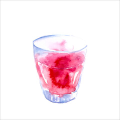 Hand drawn watercolor food and drink illustration. Tropical fruit pink cocktail smoothie in a glass with straw. For menu background.