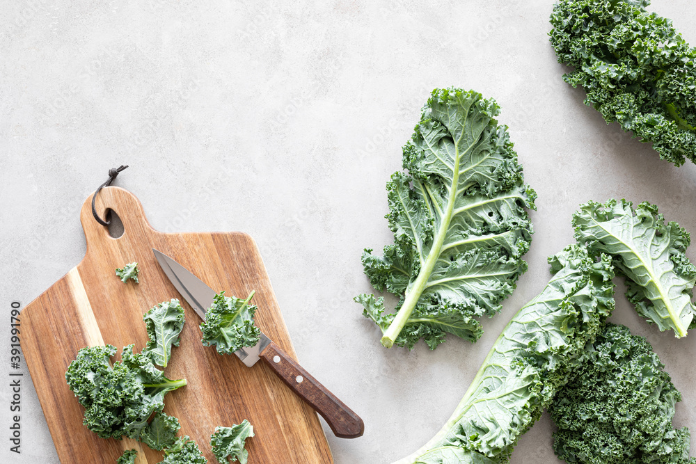 Sticker Fresh kale curly leaves, superfood