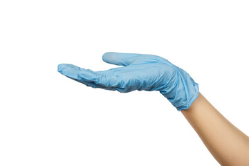 Female doctor's hand in sterile blue surgical gloves in holding position isolated on white