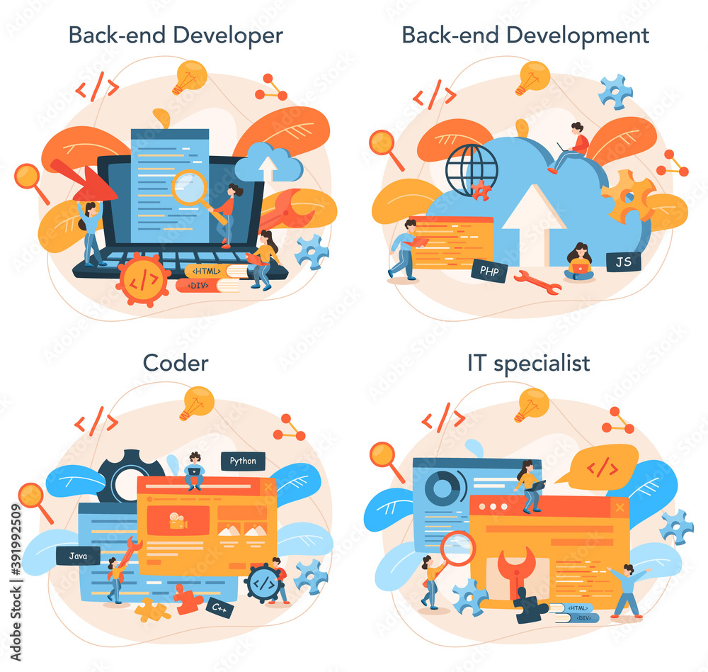 Poster back end development concept set. software development process.