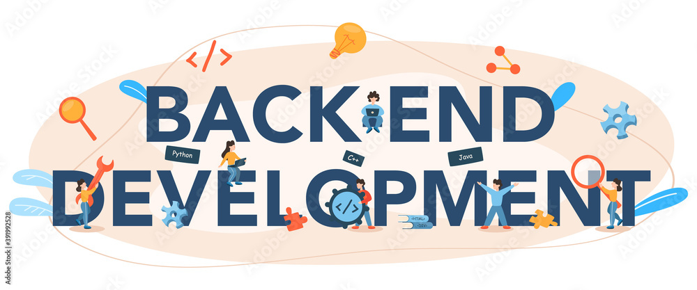 Wall mural back end development typographic header. software development process.
