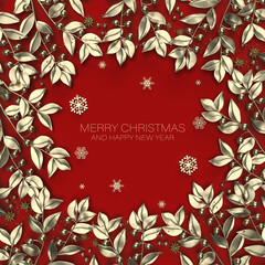 Red Christmas holiday background. Copy space for text with a garland of golden leaves and snowflakes.