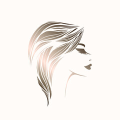 Hairstyle salon and beauty studio illustration.Long, wavy hair woman with elegant makeup.Fashion, cosmetics and spa icon.Young lady portrait.Beautiful model face.Luxury,glamour style.