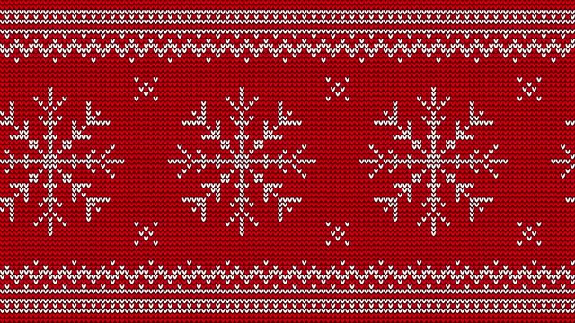 Christmas nordic video pattern. Knitted red background with snowflakes and ornament. Looped animation.