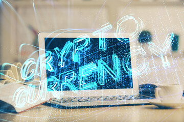 Multi exposure of blockchain and crypto economy theme hologram and table with computer background....
