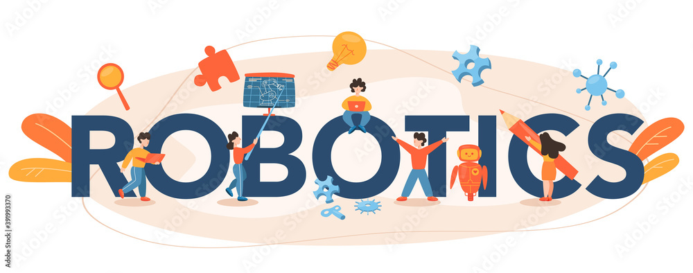 Poster robotics typographic header. robotic engineering and constructing