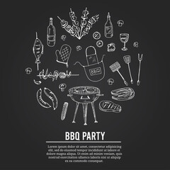 Bbq party set Menu doodle icons on chalkboard. Vector illustration