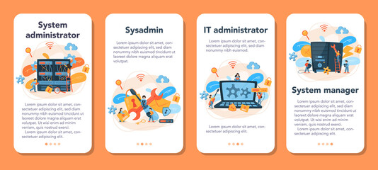 Obraz premium System administrator mobile application banner set. People working