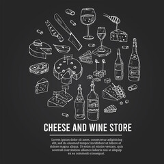 Cheese and wine store set with food and drink hand drawn doodles. Vector illustration