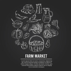 Farm market Menu doodle icons illustration on chalkboard. Vector illustration
