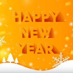 Happy New Year text design in paper style and long shadow on yellow background with sparkles. Vector illustration.