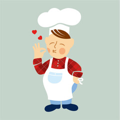 Chubby and cute chef in apron and chefs hat expressing his content after tasting a meal.