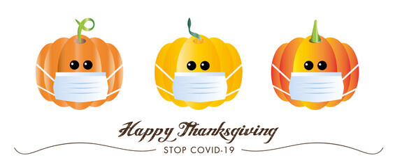 Happy Thanksgiving cute pumkins with face masks 2020 covid-19 pandemic