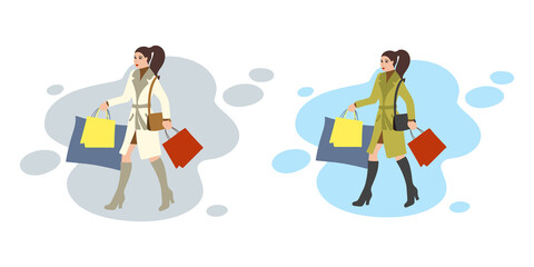 Woman with shopping bags. Fashion girl, walking lady for sale banner design. Female shopper or customer concept. Vector illustration.