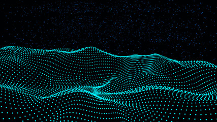 Particle placement with hanging dots in space. Wave of particles. Wave with dots. Space abstract. Landscape background . Abstract gradient dynamic wave of particles. Vector illustration