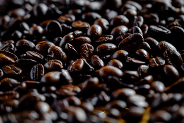 close up selective focus coffee beans for blur background abstract and natural light concept