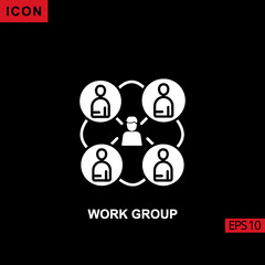 Icon work group with humans and cog wheel. Glyph, flat or filled vector icon symbol sign collection