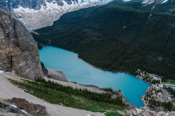 Top view of turquoise breathtaking Moraine Lake from the top of Tower of Babel, Banff National Park, Alberta Canada