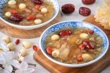 Close up of sweet snow white fungus soup with lotus seed, Chinese red dates and wolfberry.