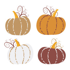 Flat pumpkin set in autumn palette. Vector harvesting illustration for thanksgiving day designs, halloween festival, poster, banner, greeting card. EPS 10
