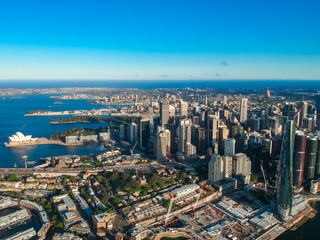 Panoramic Aerial views of Sydney Harbour with the bridge, CBD, North Sydney, Barangaroo, Lavender...