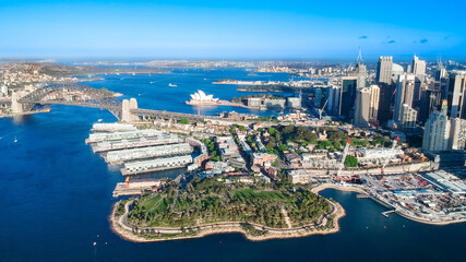 Panoramic Aerial views of Sydney Harbour with the bridge, CBD, North Sydney, Barangaroo, Lavender...