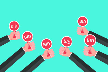 Hands holding auction paddle. Flat vector illustration.