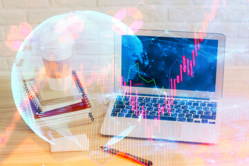 Multi exposure of business theme icons and work space with computer background. Concept of success.