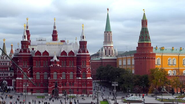 Moscow Red Square with State Historical Museum and Kremlin. View of Tverskaya, Mokhovaya and Okhotny Ryad streets.