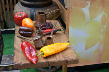 Turks making coffee and bell peppers at the city fair