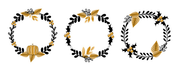 Christmas wreath template set with winter floral elements. Season greeting card. Vector illustration