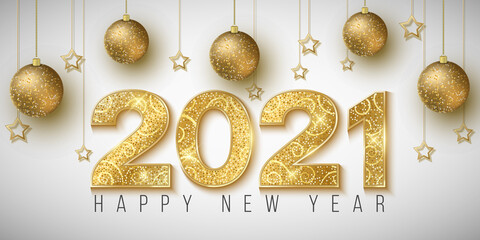 Golden glittering 2021 numbers for Happy New Year on a bright background. Decoration of balls and stars. Greeting card for a holiday event. Vector illustration