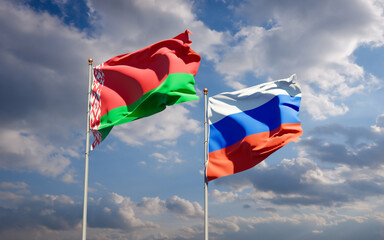 Beautiful national state flags of Russia and Belarus. - obrazy, fototapety, plakaty