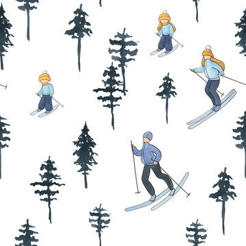 watercolor winter seamless patterns, winter sportspersons pattern, people skiing in forest,