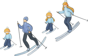 Obraz premium family skiing, Watercolor family, winter outdoor activities, parents, kids, mom, dad, daughter, son, woman, man, girl, boy, father, mother
