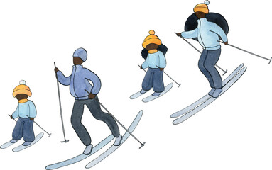 African family skiing, Watercolor black family, winter outdoor activities, parents, kids, mom, dad, daughter, son, woman, man, girl, boy, father, mother