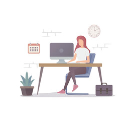 Office workplace. Flat illustration of home workplace. A woman with a computer works sitting behind a desk. Isolated on white background. 