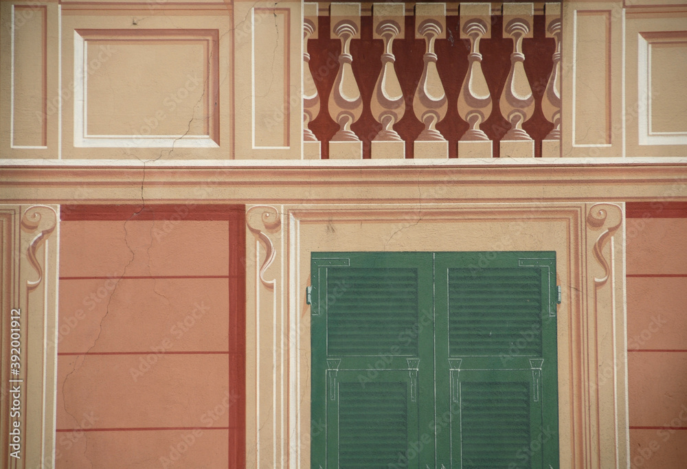 Poster trompe l'oeil in camogli depicting a beautiful balustrade. it is an ancient ligurian tradition to pa