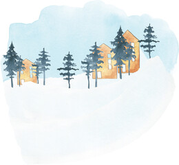 watercolor snowy mountain landscape with spruce, trees and houses, Snowy mountain village illustration, Winter scene image