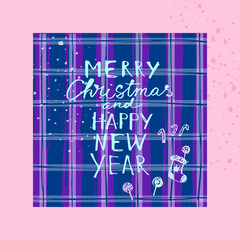 Christmas card with candy, socks, snowflakes and checked pattern in blue and purple colors