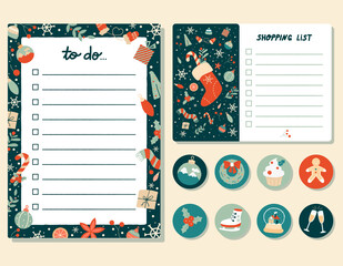 Wish list decorated templates. Set of vintage scandinavian Christmas and New year elements for greeting cards, notes, stickers, labels, tags. Holidays to do, check list for gifts, agenda, planners