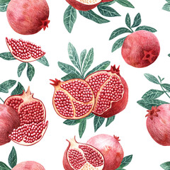 Branches with leaves and pomegranates on a white background seamless pattern. Illustration drawn on paper. Print for textiles. Handwork.